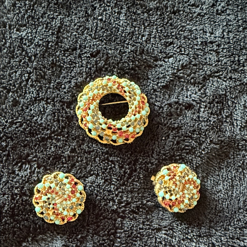 Gold and Multicolor Brooch and Earring Set